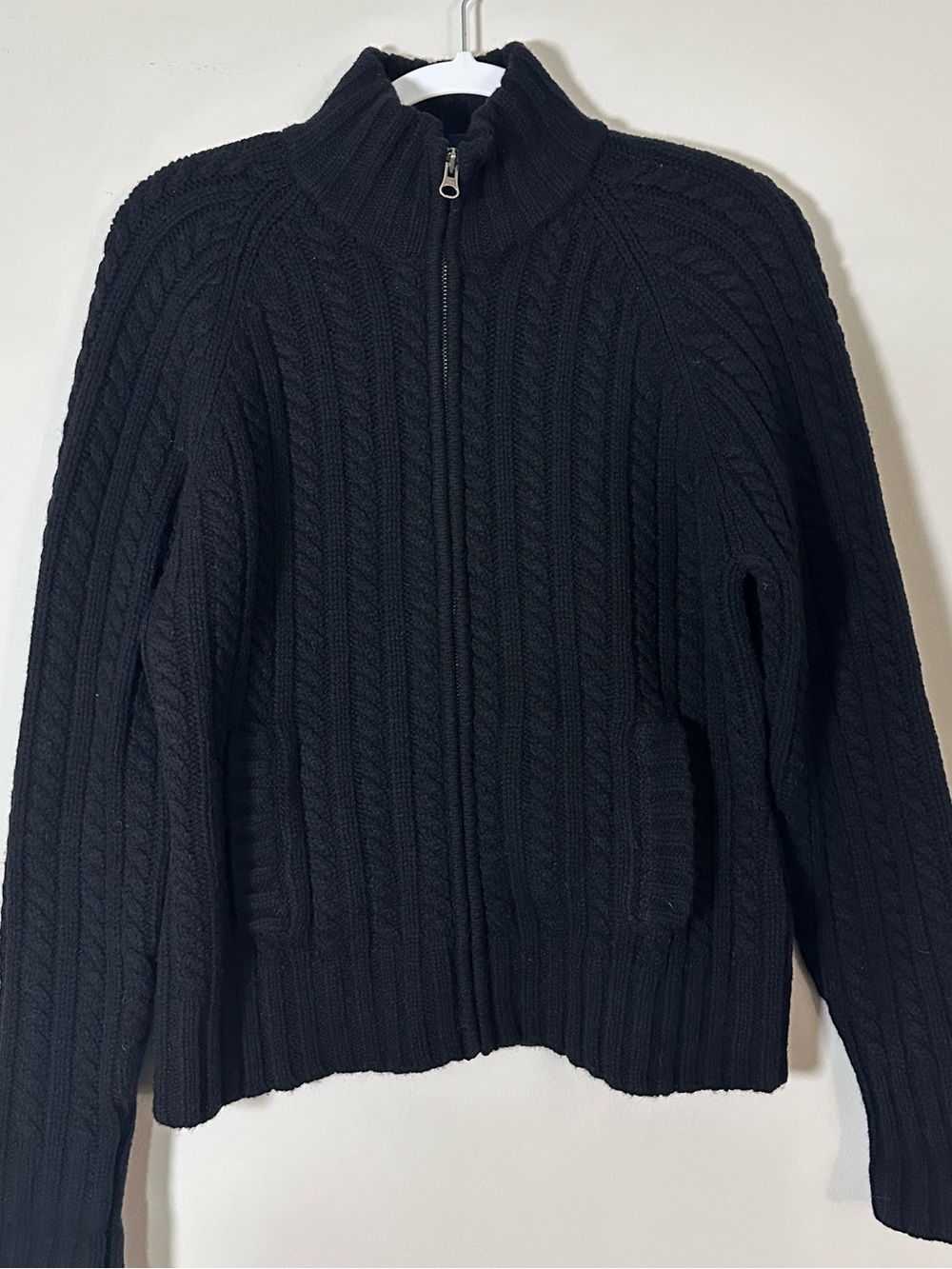 Vintage Y2K GAP 100% Lambswool Cable Knit Full Zip Sweater Black L